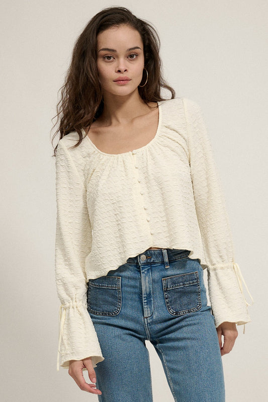 Textured Button-Front Drawstring Bell-Sleeve Top