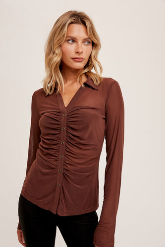 Ruched Button Mesh Top