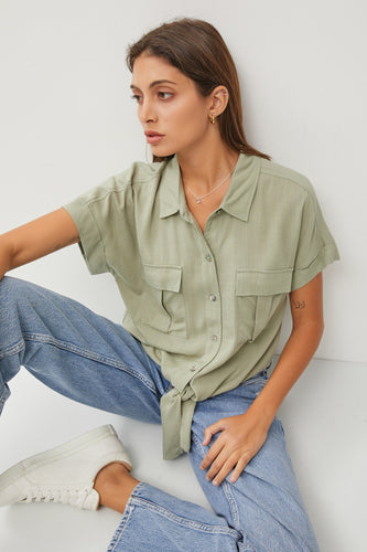 Tie Front Short Sleeve Button Down