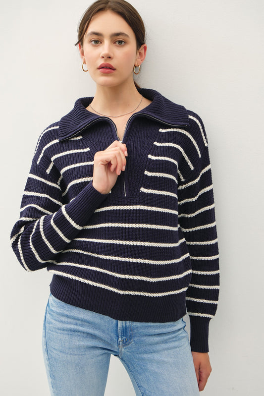 Spread Collar Half Zip Striped Sweater