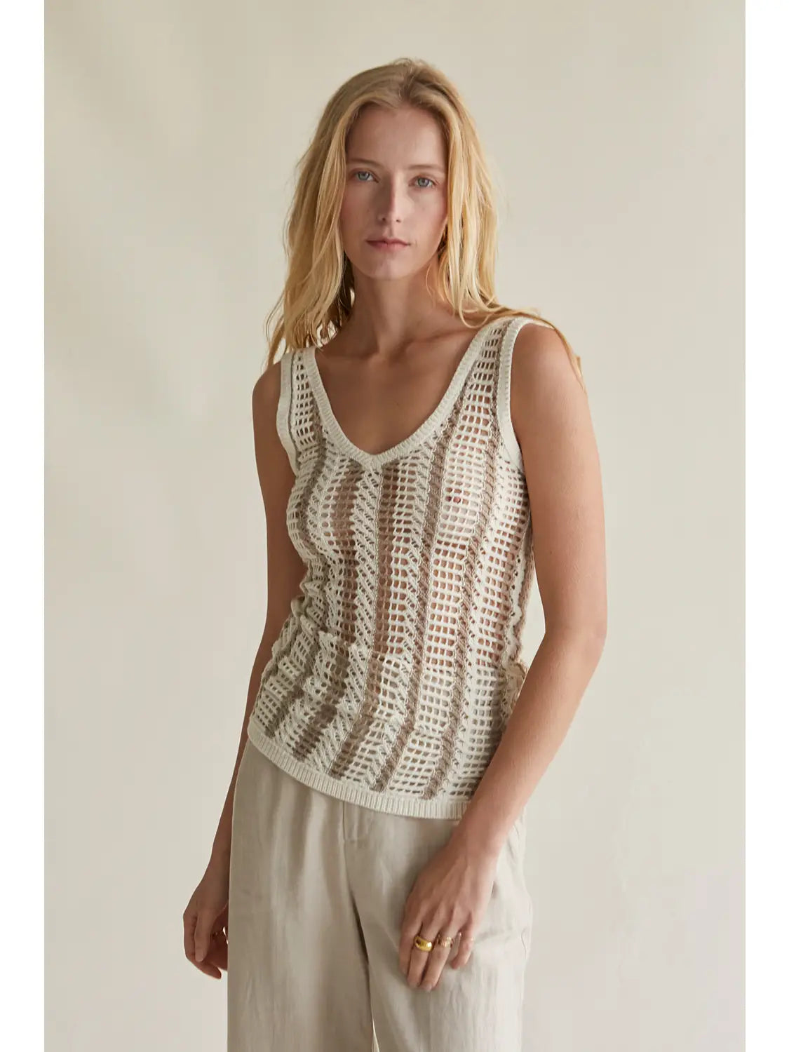 Adria Crochet Striped Mesh Tank