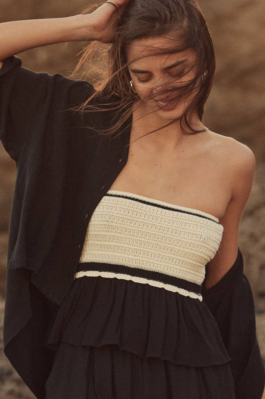 Strapless Ruffle Hem Crochet Knit Top