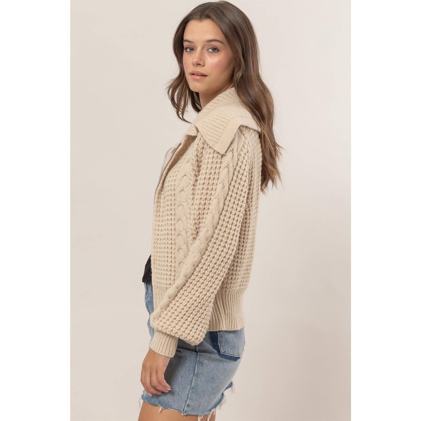 Chunky Cable Knit Zip-Front Sweater