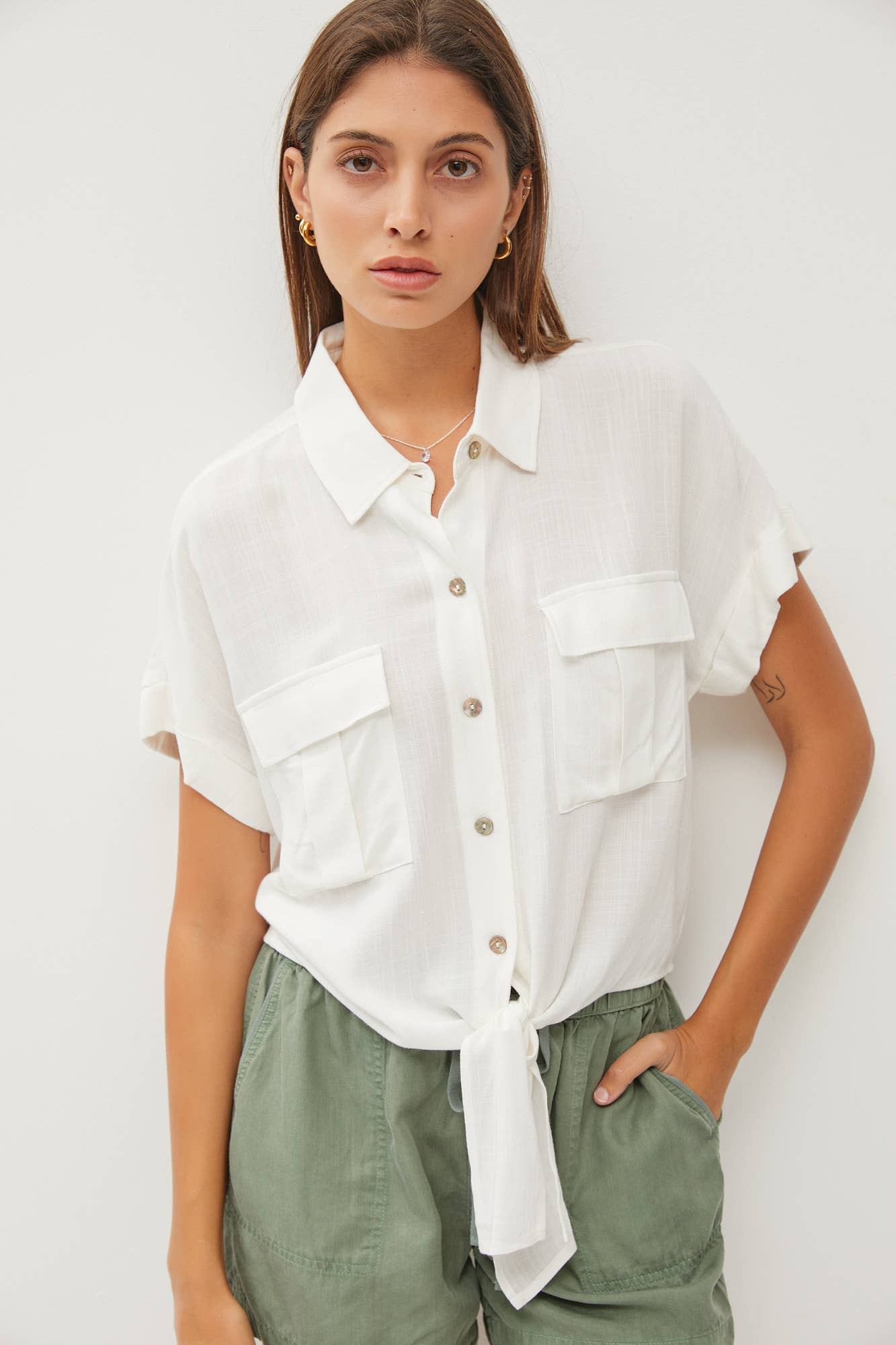 Tie Front Short Sleeve Button Down