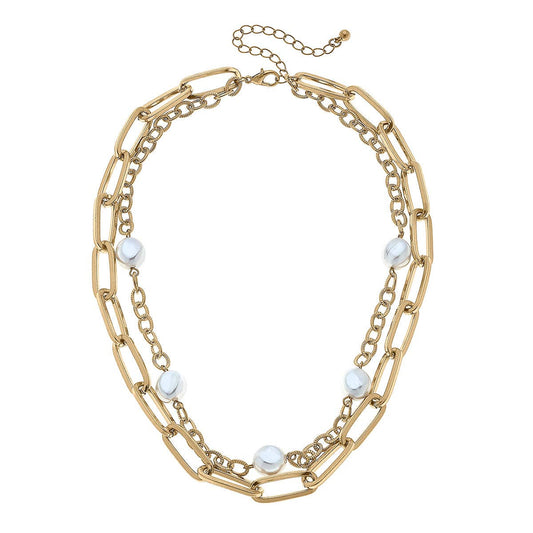 Perrie Layered Pearl & Chunky Chain Necklace in Worn Gold